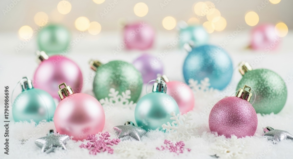 Fototapeta premium Pastel Christmas ornaments with snowflakes festive holiday decorations for winter season isolated on white background