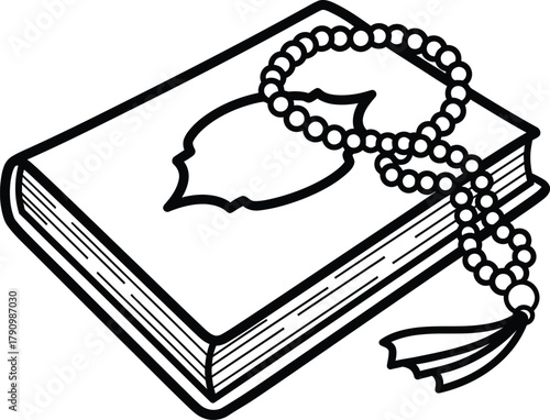 Islamic holy book quran with prayer beads on top illustration