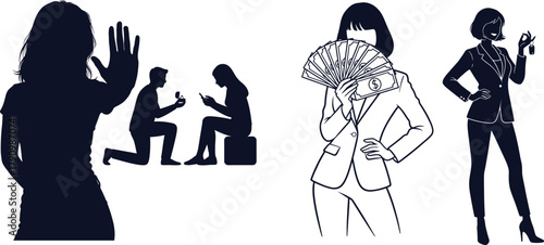 Silhouettes of proposal rejection, woman with money fan, and woman with keys on white background Keywords: woman, silhouette