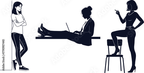 Silhouettes of women in casual and business poses on white background Keywords: woman, silhouette, casual, business, laptop