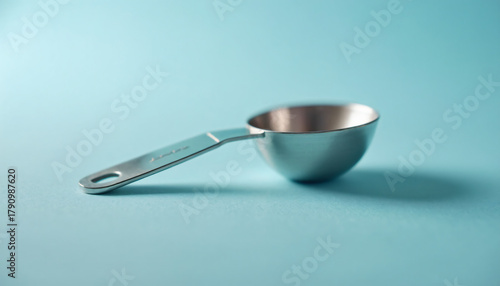Silver measuring spoon on blue background