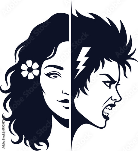 Split Face Silhouette Showing Two Contrasting Emotions and Hairstyles woman