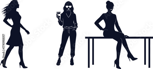 Three Silhouettes of Women in Different Poses on White Background woman walking