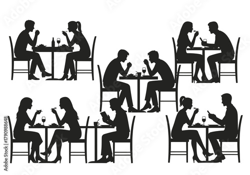 Silhouettes of couples enjoying dinner together at a restaurant