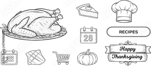 Thanksgiving holiday feast monochrome line art collection, featuring roasted turkey, pumpkin pie, chef's hat, and seasonal celebration elements for autumn designs