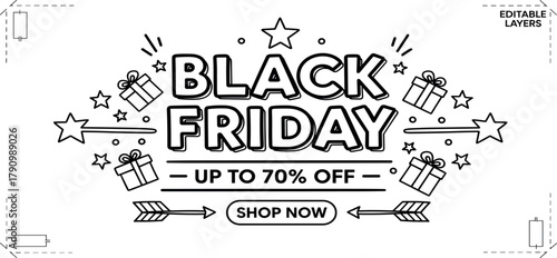 Black and white outline illustration for a seasonal shopping event, a promotional banner with discount text, gift boxes, and stars