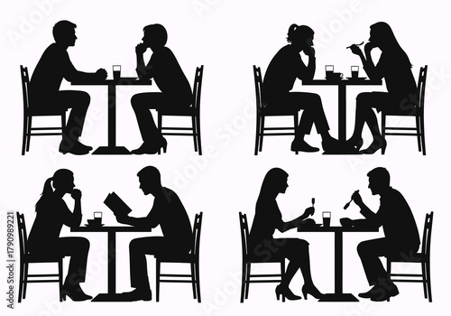 Silhouettes of people dining together at a restaurant table