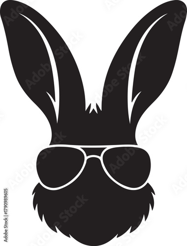 Illustration of a hare's head wearing sunglasses. Vector Black silhouettes. with white background