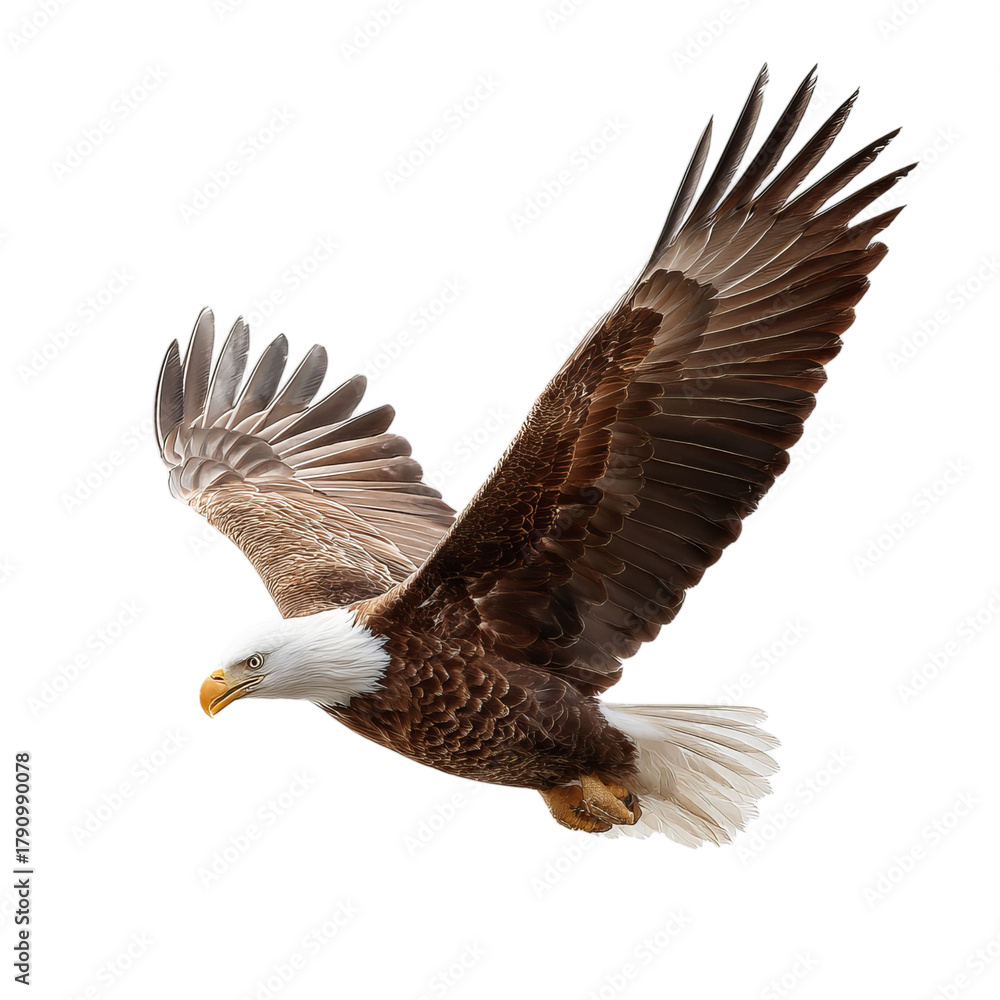 Obraz premium Png of a bald eagle in flight isolated on transparent background, its wings are spread wide, and its feathers are brown and white