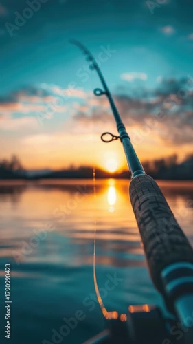 Wallpaper Mural A fishing rod rests on a boat as the sun sets in the background, perfect for use in  about outdoor activities, leisure time, or relaxation Torontodigital.ca