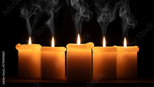 Five thick lit candles with wisps of smoke rising against a dark background creating a somber and atmospheric mood