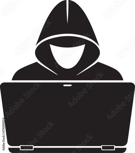 hooded hacker silhouette above a laptop. Vector Black silhouettes. with white background