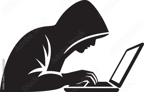 hooded hacker silhouette above a laptop. Vector Black silhouettes. with white background