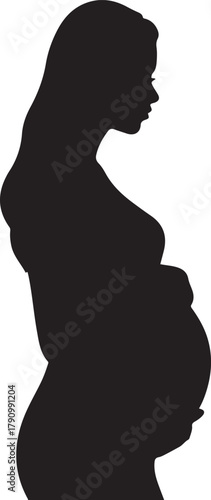 a young pregnant woman in a black dress. Vector Black silhouettes. with white background