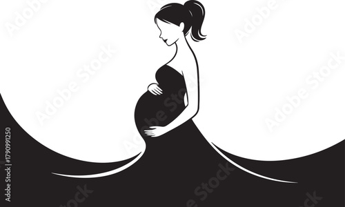 a young pregnant woman in a black dress. Vector Black silhouettes. with white background