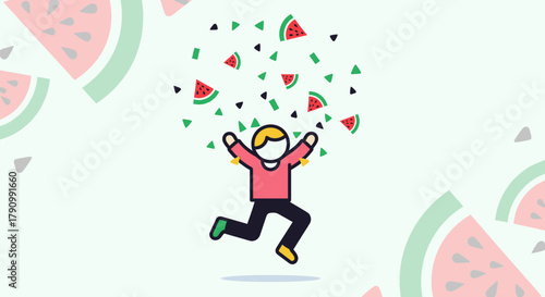 Joyful Person Celebrating Watermelon Season with Colorful Confetti Elements