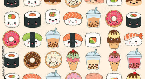 Flat vector seamless pattern of cute sushi, donuts, boba tea, and ice cream with smiling faces. Solid pastel colors, clean shapes, no gradients, ideal for packaging and kids design