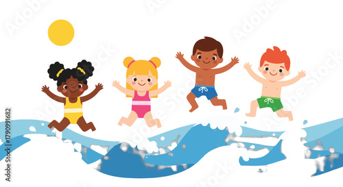 Joyful Multiethnic Children Jumping Waves in a Sunny Ocean Setting Illustration