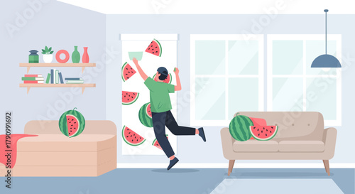 Joyful Person Decorates Room With Fresh Watermelons For A Summertime Celebration