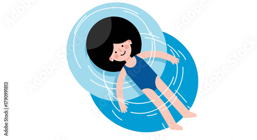 Joyful Person Floating On Pool Ring In Relaxing Summer Vacation Time