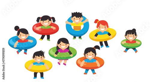 Joyful Illustrative Group Of Children Floating With Inner Tubes On Black Background