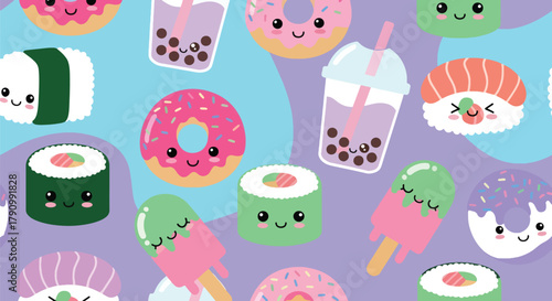 Flat vector seamless pattern of cute sushi, donuts, boba tea, and ice cream with smiling faces. Solid pastel colors, clean shapes, no gradients, ideal for packaging and kids design