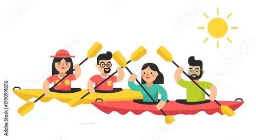 Joyful Kayaking Adventure: Friends Enjoying Sunny Waters Together, Having Fun Outdoors