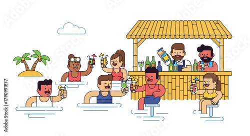 Joyful Island Celebration: People Enjoying Cocktails With Bartenders, Vector Illustration