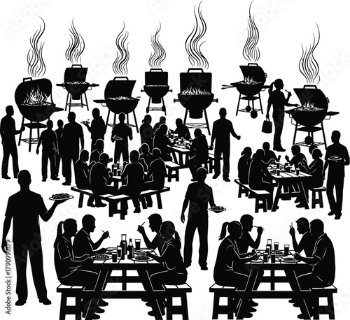 Silhouette of a large outdoor barbecue party with many people eating and grilling gathering