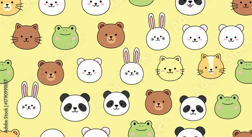 Flat vector seamless pattern of kawaii animal faces including cat, bunny, bear, and panda. Solid pastel tones, round shapes, no gradients, perfect for textile and kids wallpaper
