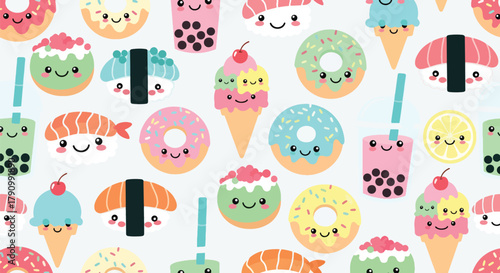 Flat vector seamless pattern of cute sushi, donuts, boba tea, and ice cream with smiling faces. Solid pastel colors, clean shapes, no gradients, ideal for packaging and kids design