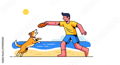Joyful Person Playing Frisbee With Dog Near the Beach at Sunny Evening