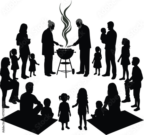 Silhouette of a multi-generational family gathering for a barbecue with children playing Keywords: barbecue, family, gathering
