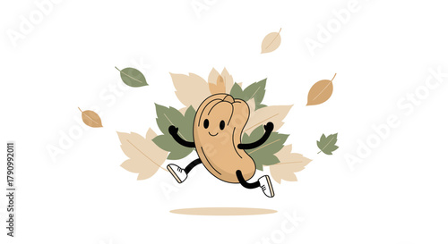 Joyful Nutty Character Embracing Autumn Amidst Falling Leaves, Running Happily