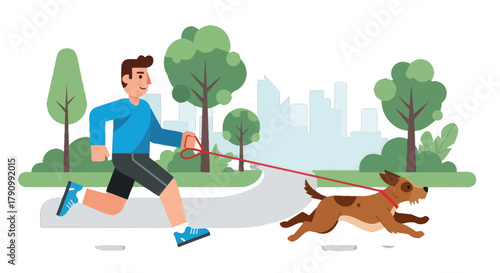 Joyful Person Outdoors, Running With Dog, Enjoying Park Time, Fitness and Healthy Lifestyle