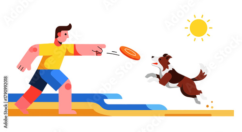 Joyful Person Playing Frisbee With Dog Under A Bright Sun On The Beach