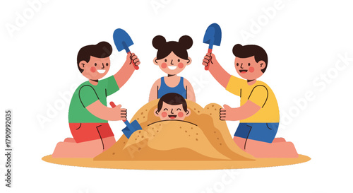Joyful Kids Enjoying Beach Fun, Sand Castle Playtime and Summer Adventures