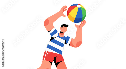 Joyful Person Playing Volleyball on a Beach, Colorful Illustration Over Dark Background