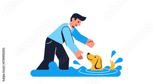 Joyful Person Playing With Dog in Water, Simple Illustration, Pure Black Background
