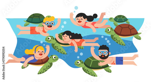 Joyful Group Paddling With Turtles Underwater Amidst Aquatic Paradise Exploration