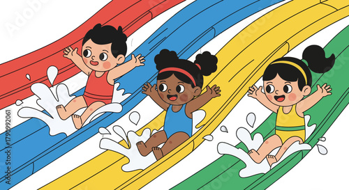 Joyful Kids Enjoying Summer Fun on Colorful Slides with Splashing Waters
