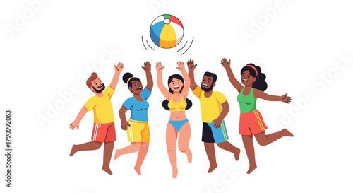 Joyful Group Playing Beach Volleyball on a Summer Day with a Black Background