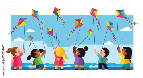 Joyful Kids Enjoying Kite Flying Activities In A Vibrant Sky Background