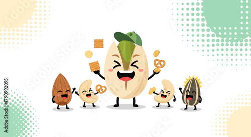 Joyful Nutty Companions Celebrating With Snacks and Smiling Faces on White Background