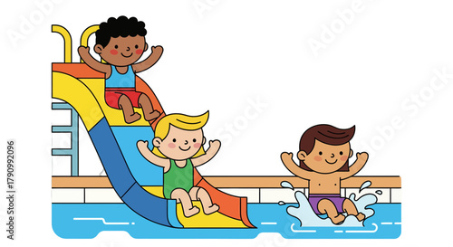 Joyful Kids Enjoying Summer Fun Swimming Pool Water Slide Day Outdoors
