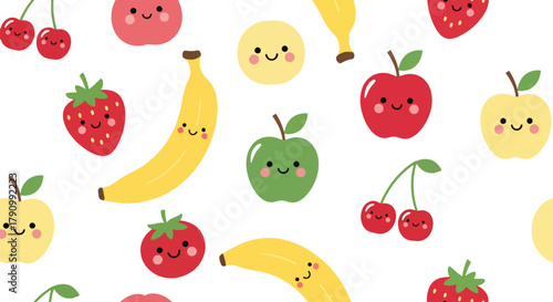 Flat vector seamless pattern of cute smiling fruits including strawberry, apple, and cherry. Solid pastel colors, kawaii style, no gradients, perfect for wrapping and apparel design