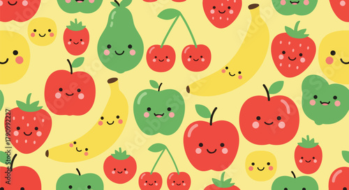 Flat vector seamless pattern of cute smiling fruits including strawberry, apple, and cherry. Solid pastel colors, kawaii style, no gradients, perfect for wrapping and apparel design