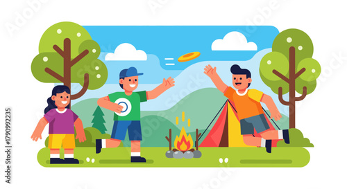 Joyful Outdoor Camping Fun Depicted With Friends, Nature, and Engaging Activities