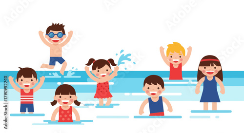 Joyful Kids Enjoying The Fun Of Summer Swimming And Creating Water Splash Adventures