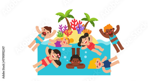 Joyful Kids Enjoying Summer Fun, Relaxing And Playing In The Tropical Pool Together